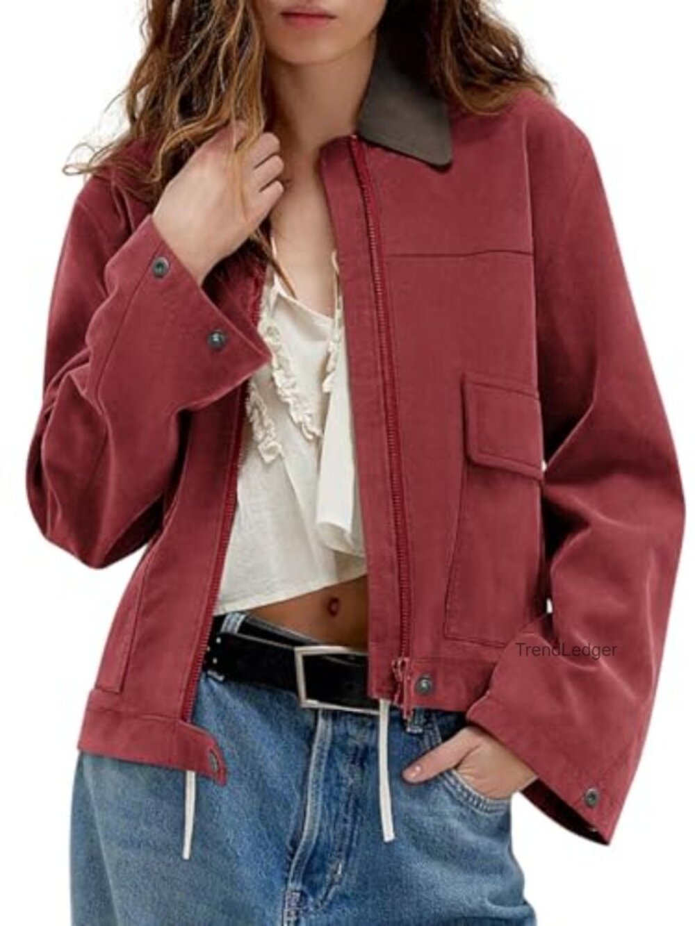 Faux Suede Cropped Zip Up Jacket Contrast Collar Fleece Winter Coat